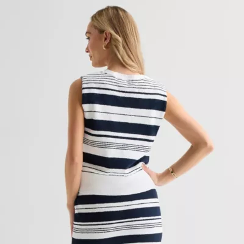 Liz Claiborne Womens Crew Neck Sleeveless Striped Pullover Sweater