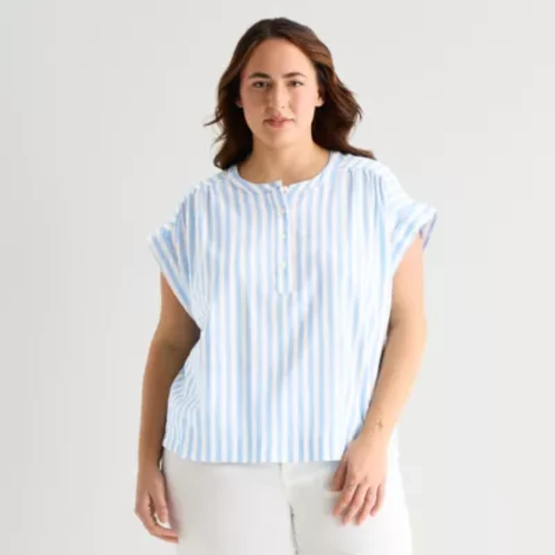 St. John's Bay Womens Plus Round Neck Short Sleeve Blouse