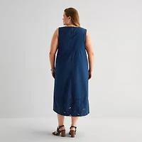 Liz Claiborne Womens Plus Embroidered Sleeveless Midi Shift Dress