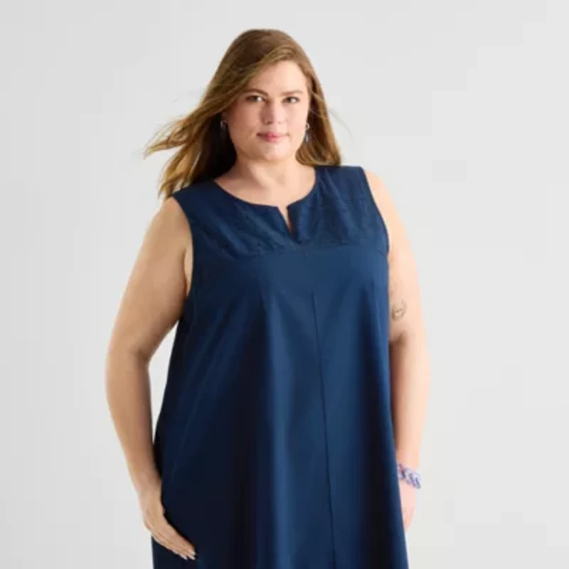 Liz Claiborne Womens Plus Embroidered Sleeveless Midi Shift Dress