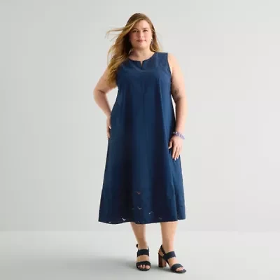 Liz Claiborne Womens Plus Embroidered Sleeveless Midi Shift Dress