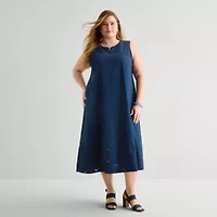 Liz Claiborne Womens Plus Embroidered Sleeveless Midi Shift Dress