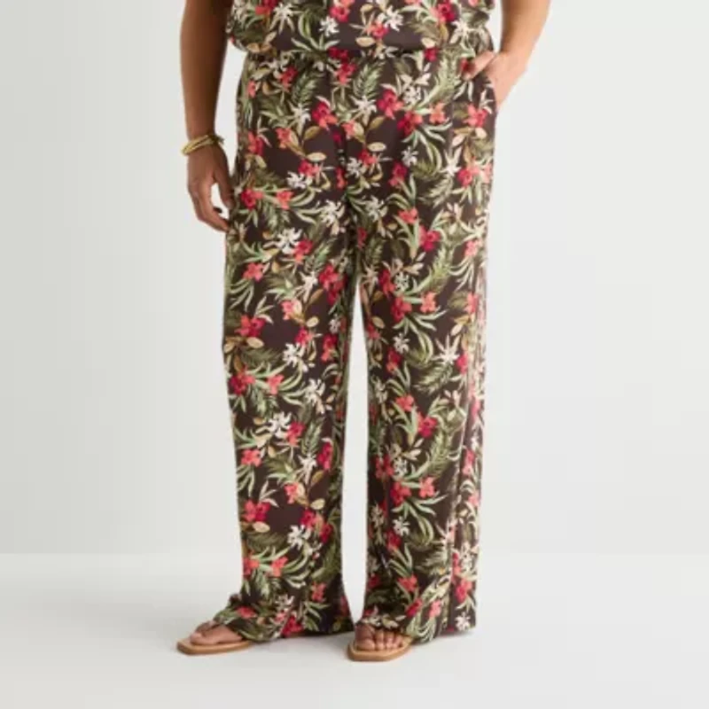 Liz Claiborne Womens Plus Wide Leg Mid Rise Pull-On Pant