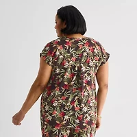 Liz Claiborne Womens Plus Split Crew Neck Short Sleeve Satin Blouse