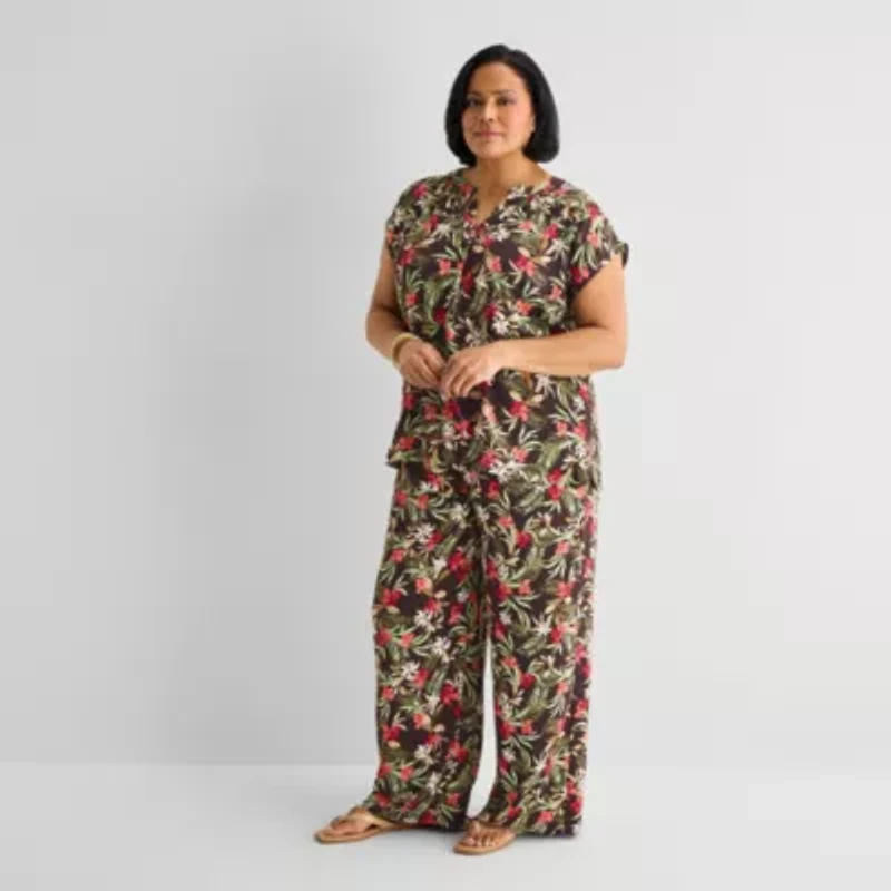 Liz Claiborne Womens Plus Split Crew Neck Short Sleeve Satin Blouse