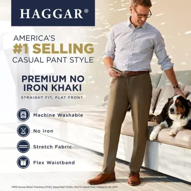 Haggar Premium No Iron Khaki Mens Comfort Waistband Straight Fit Flat Front Pant