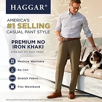 Haggar Premium No Iron Khaki Mens Comfort Waistband Straight Fit Flat Front Pant