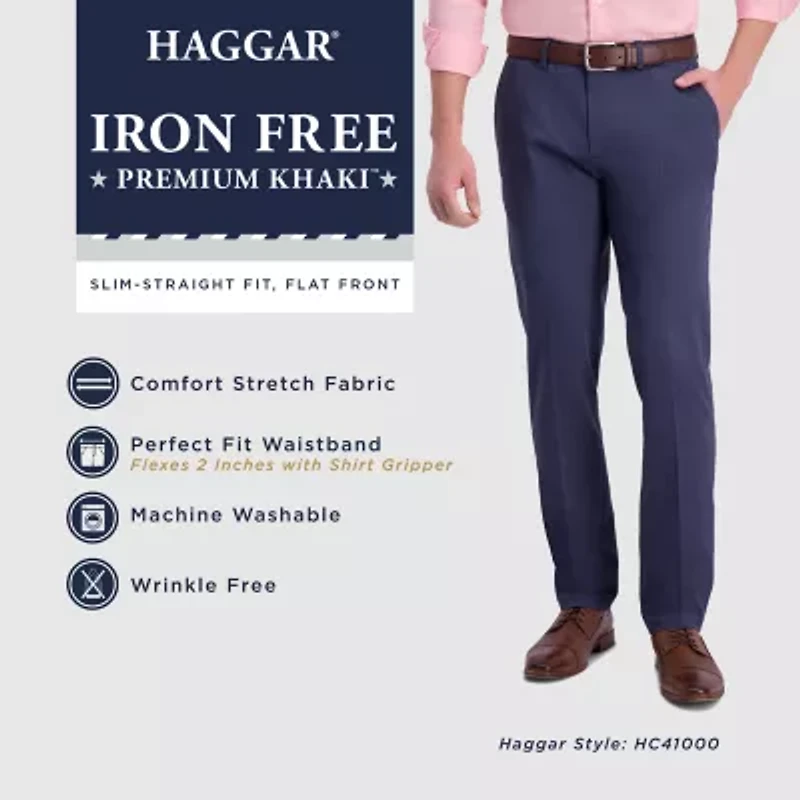 Haggar Iron Free Premium Khaki Mens Comfort Waistband Slim Fit Flat Front Pant