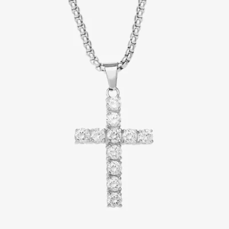 Shaquille O'Neal XLG Mens White Cubic Zirconia Stainless Steel Cross 22 Inch Pendant Necklace