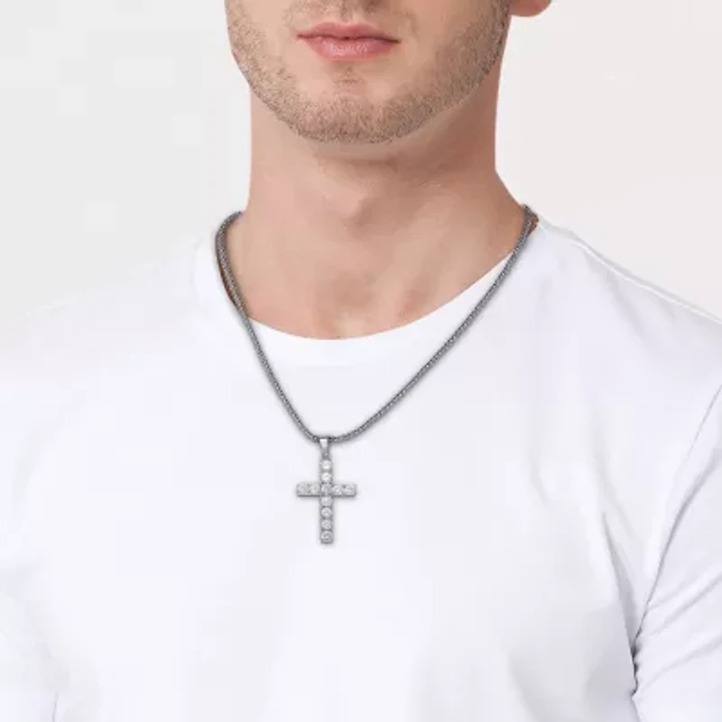 Shaquille O'Neal XLG Mens White Cubic Zirconia Stainless Steel Cross 22 Inch Pendant Necklace
