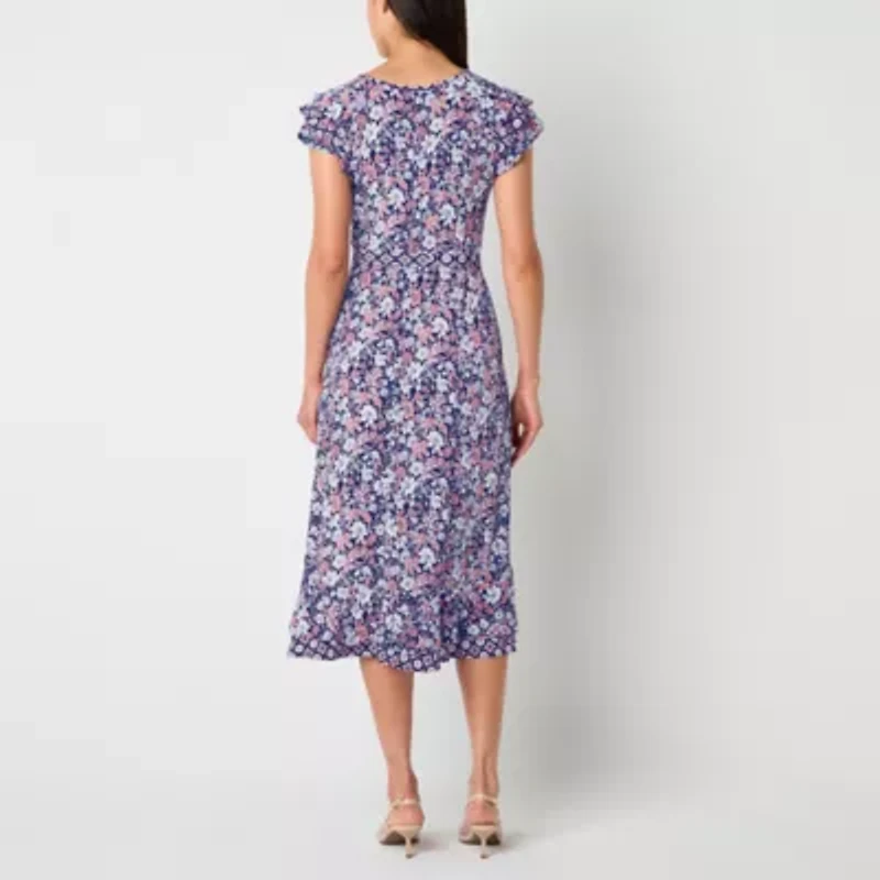 Perceptions Womens Short Sleeve Floral Midi Petite Fit + Flare Dress