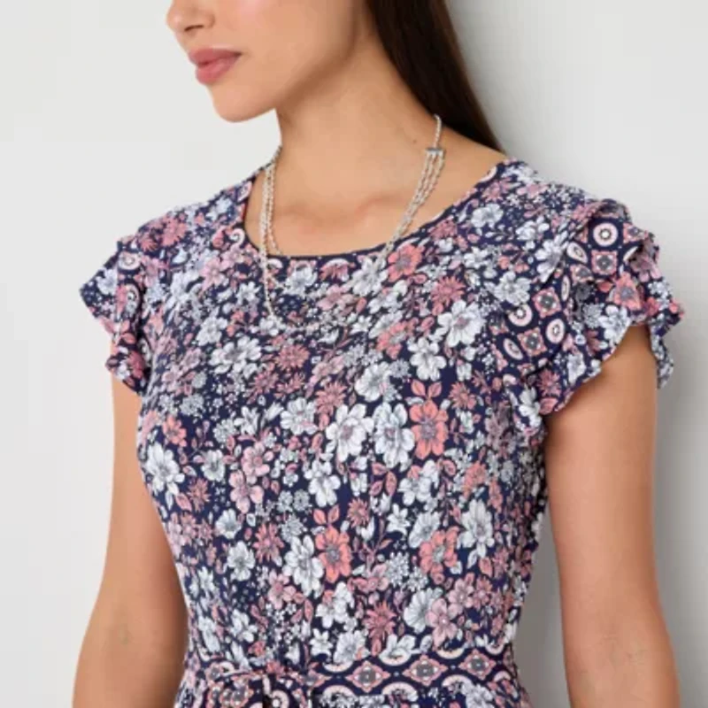 Perceptions Womens Short Sleeve Floral Midi Petite Fit + Flare Dress