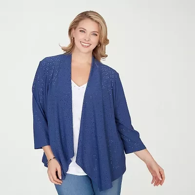 Hearts Of Palm Open Front Eyetely Womens Plus 3/4 Sleeve Cardigan