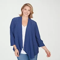 Hearts Of Palm Open Front Eyetely Womens Plus 3/4 Sleeve Cardigan
