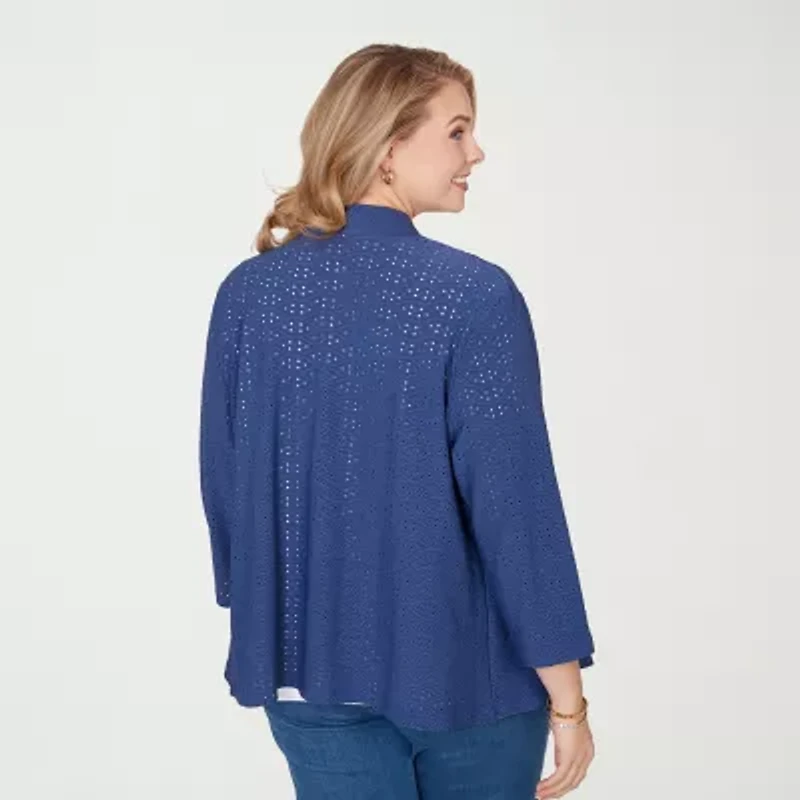 Hearts Of Palm Open Front Eyetely Womens Plus 3/4 Sleeve Cardigan