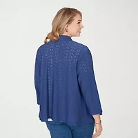 Hearts Of Palm Open Front Eyetely Womens Plus 3/4 Sleeve Cardigan