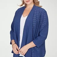 Hearts Of Palm Open Front Eyetely Womens Plus 3/4 Sleeve Cardigan