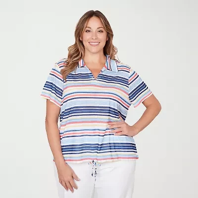Hearts Of Palm Striped Drawstring Womens Plus Short Sleeve Polo Shirt