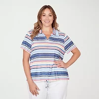 Hearts Of Palm Striped Drawstring Womens Plus Short Sleeve Polo Shirt
