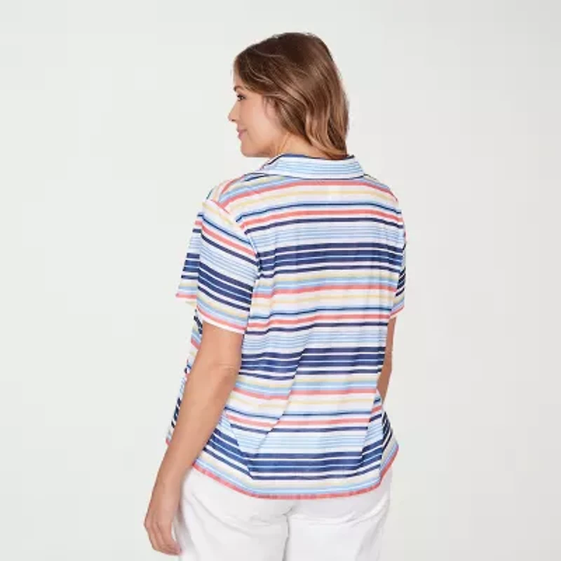 Hearts Of Palm Striped Drawstring Womens Plus Short Sleeve Polo Shirt
