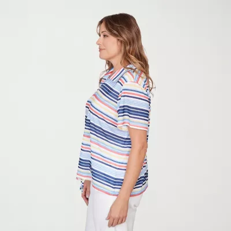 Hearts Of Palm Striped Drawstring Womens Plus Short Sleeve Polo Shirt