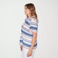 Hearts Of Palm Striped Drawstring Womens Plus Short Sleeve Polo Shirt