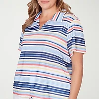 Hearts Of Palm Striped Drawstring Womens Plus Short Sleeve Polo Shirt
