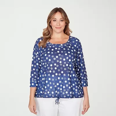 Hearts Of Palm Polka Dot Drawstring Womens Plus Crew Neck 3/4 Sleeve Peasant Top