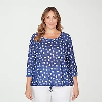 Hearts Of Palm Polka Dot Drawstring Womens Plus Crew Neck 3/4 Sleeve Peasant Top
