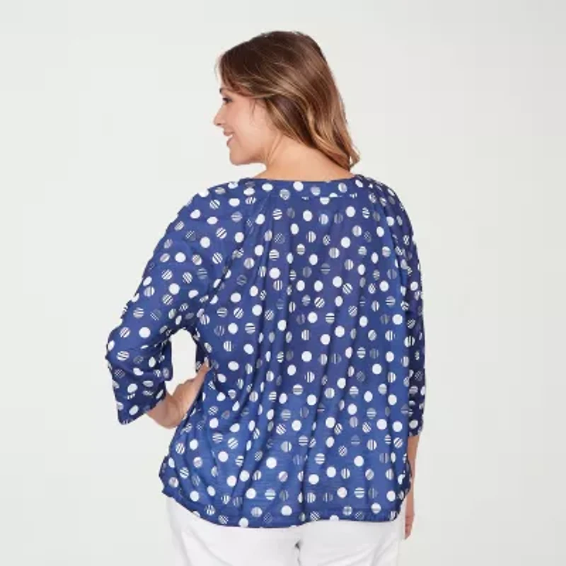 Hearts Of Palm Polka Dot Drawstring Womens Plus Crew Neck 3/4 Sleeve Peasant Top