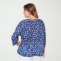 Hearts Of Palm Polka Dot Drawstring Womens Plus Crew Neck 3/4 Sleeve Peasant Top