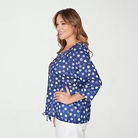 Hearts Of Palm Polka Dot Drawstring Womens Plus Crew Neck 3/4 Sleeve Peasant Top
