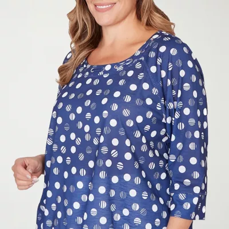 Hearts Of Palm Polka Dot Drawstring Womens Plus Crew Neck 3/4 Sleeve Peasant Top