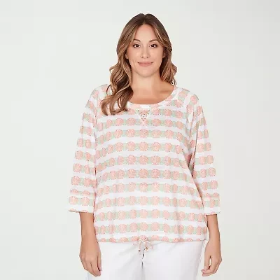 Hearts Of Palm Raglan Striped Drawstring Womens Plus Crew Neck 3/4 Sleeve Embellished Peasant Top