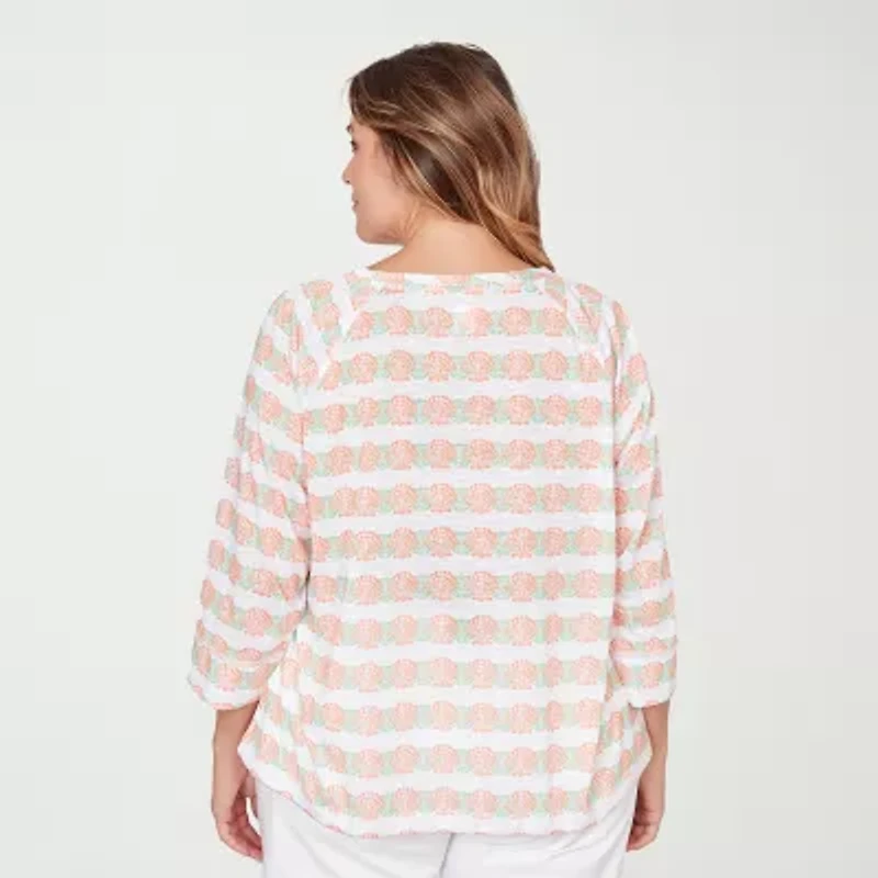 Hearts Of Palm Raglan Striped Drawstring Womens Plus Crew Neck 3/4 Sleeve Embellished Peasant Top