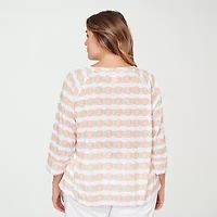 Hearts Of Palm Raglan Striped Drawstring Womens Plus Crew Neck 3/4 Sleeve Embellished Peasant Top