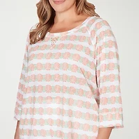 Hearts Of Palm Raglan Striped Drawstring Womens Plus Crew Neck 3/4 Sleeve Embellished Peasant Top