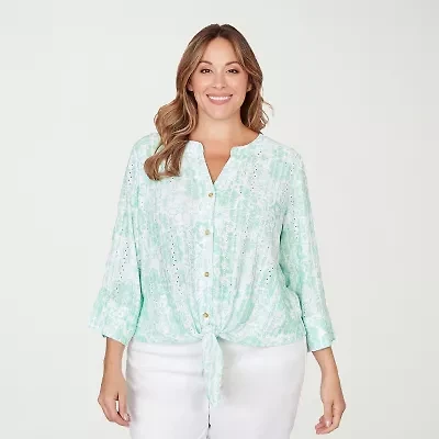 Hearts Of Palm Tie Front Floral Womens Plus Split Crew Neck Fitted 3/4 Sleeve Regular Fit Button-Down Shirt