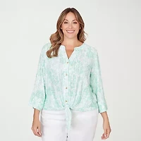 Hearts Of Palm Tie Front Floral Womens Plus Split Crew Neck Fitted 3/4 Sleeve Regular Fit Button-Down Shirt