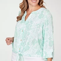 Hearts Of Palm Tie Front Floral Womens Plus Split Crew Neck Fitted 3/4 Sleeve Regular Fit Button-Down Shirt