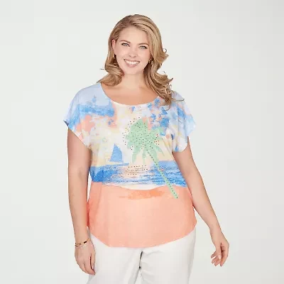 Hearts Of Palm Embellished Beach Scene Womens Plus Round Neck Short Sleeve T-Shirt