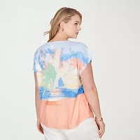 Hearts Of Palm Embellished Beach Scene Womens Plus Round Neck Short Sleeve T-Shirt