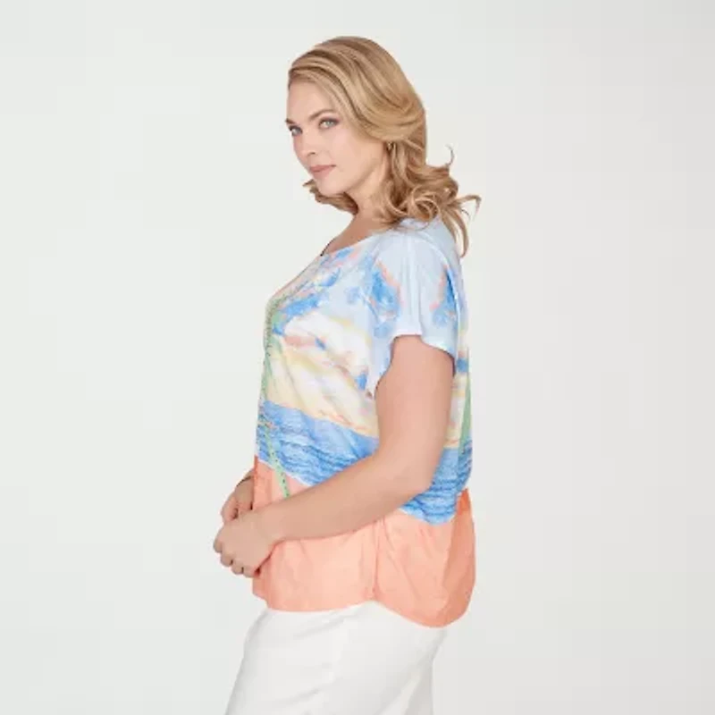 Hearts Of Palm Embellished Beach Scene Womens Plus Round Neck Short Sleeve T-Shirt