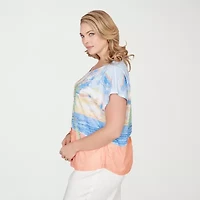 Hearts Of Palm Embellished Beach Scene Womens Plus Round Neck Short Sleeve T-Shirt