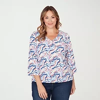 Hearts Of Palm Embellished Neckline Womens Plus V Neck 3/4 Sleeve T-Shirt