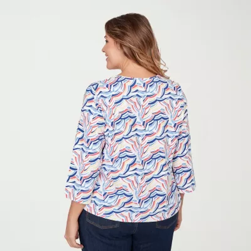 Hearts Of Palm Embellished Neckline Womens Plus V Neck 3/4 Sleeve T-Shirt