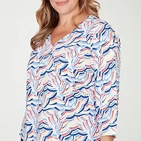 Hearts Of Palm Embellished Neckline Womens Plus V Neck 3/4 Sleeve T-Shirt