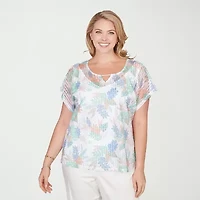 Hearts Of Palm Textured Leaf Print Womens Plus Keyhole Neck Short Sleeve Blouse