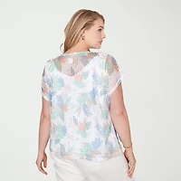 Hearts Of Palm Textured Leaf Print Womens Plus Keyhole Neck Short Sleeve Blouse