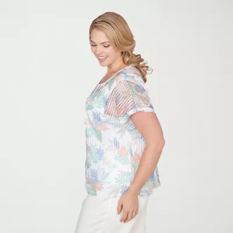 Hearts Of Palm Textured Leaf Print Womens Plus Keyhole Neck Short Sleeve Blouse